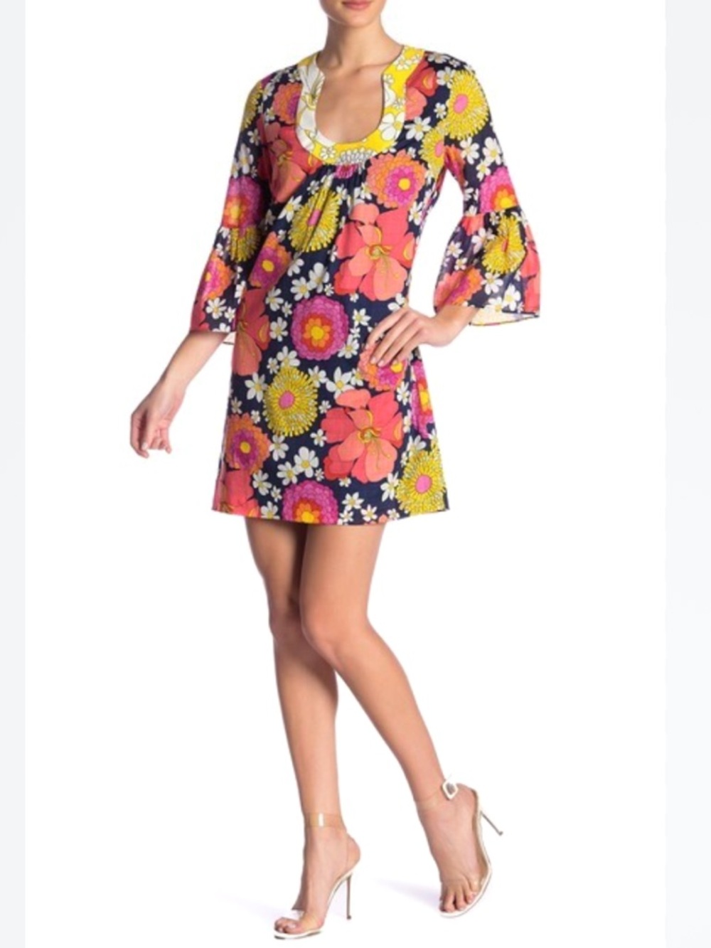 Trina Turk Navy Floral Mini Dress with Pink and Yellow Accents